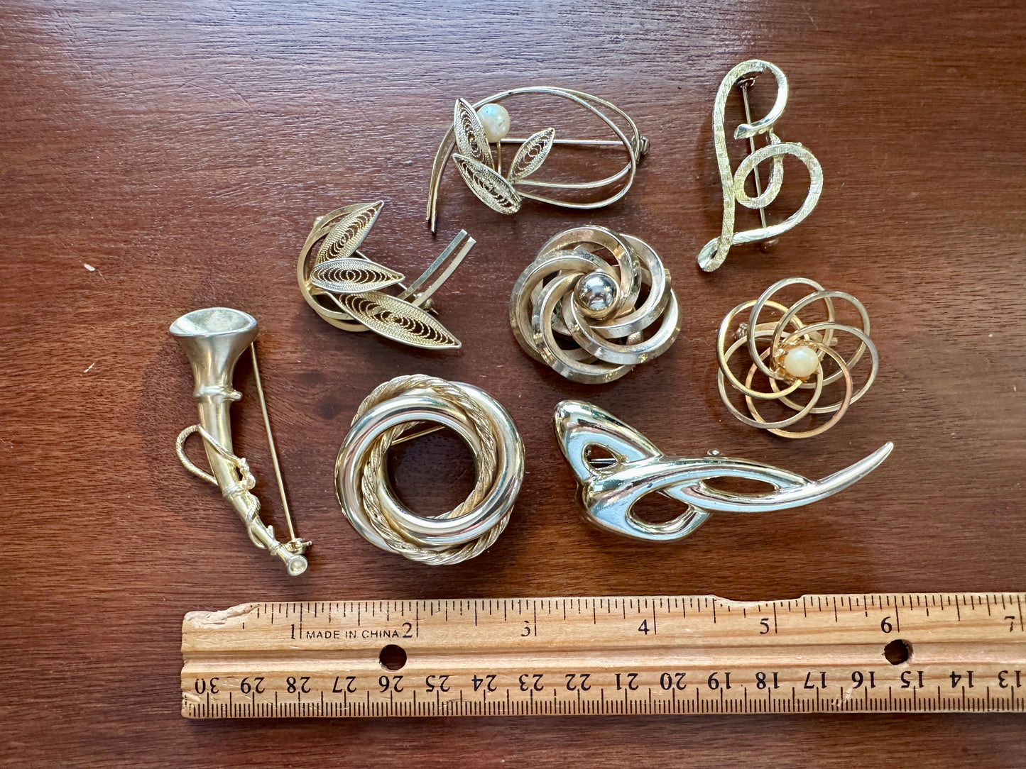 Vintage Gold Tone Brooch Lot Faux Pearl Flower Horn Abstract Swirl More