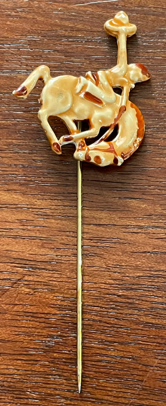 Vintage Glazed Ceramic Rodeo Horse Stick Hat Pin Bucking Bronco