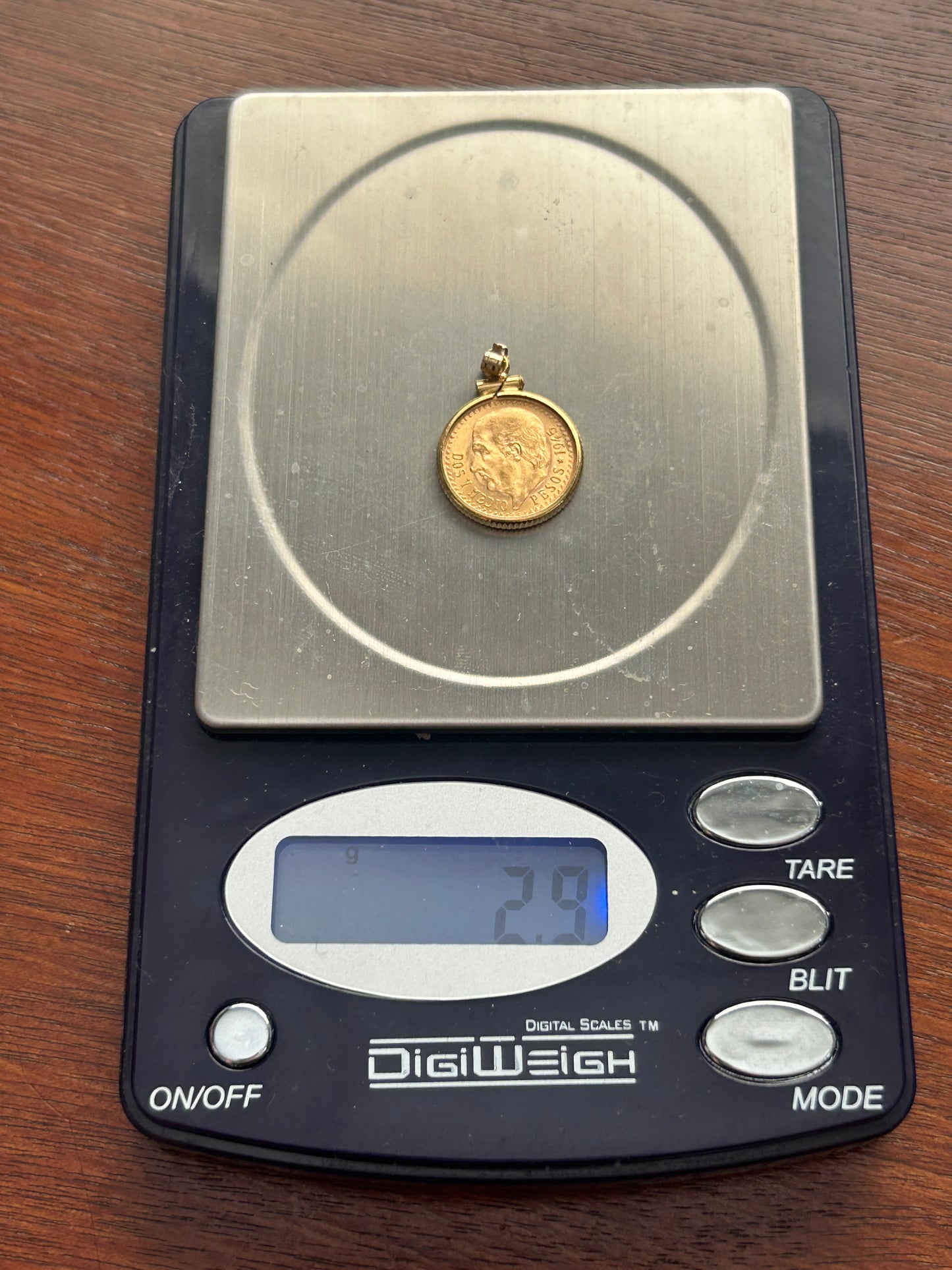 1945 Gold Dos Y Medio Pesos Coin 14k Yellow Gold Bezel Necklace Pendant Charm