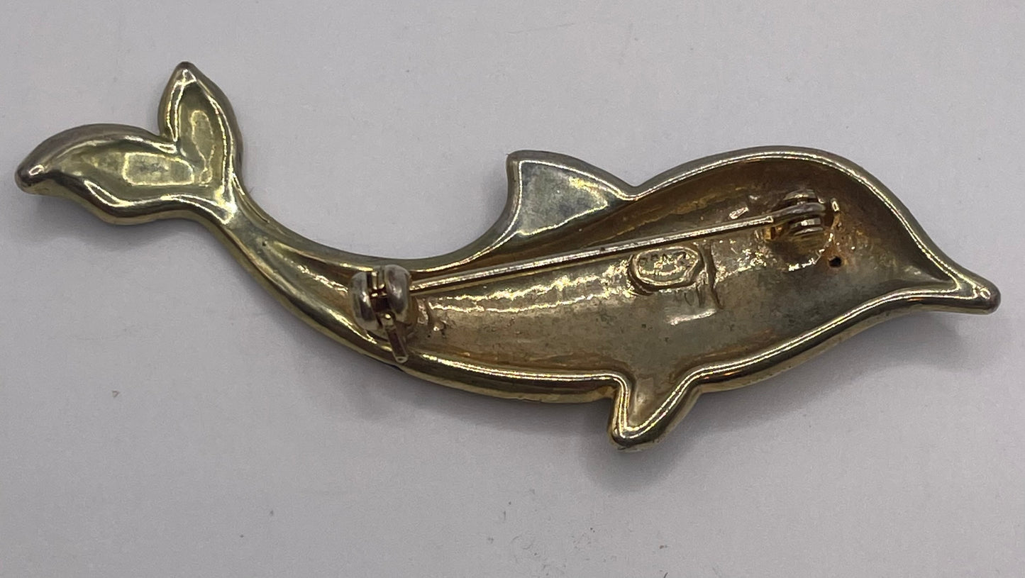 Vintage Gold Tone Rhinestone & Blue Enamel Dolphin Pin Brooch