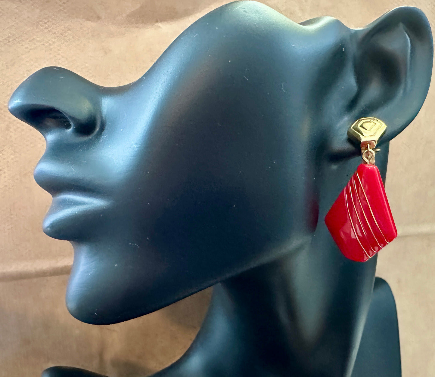 Vintage Signed Trifari Gold Tone Red Plastic 80's Clip on Earrings