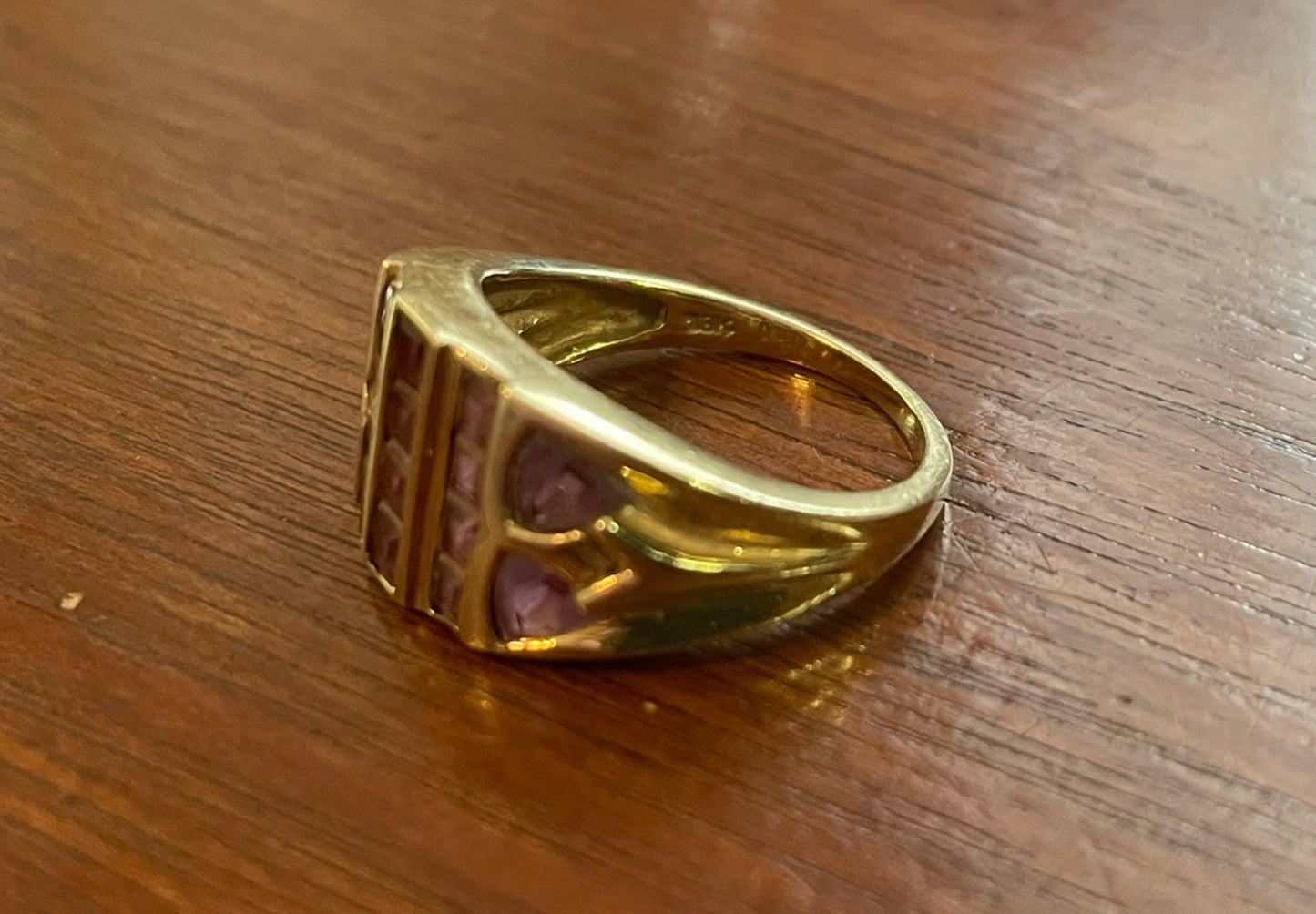 Designer THL 10k Yellow Gold Trillion Square Cut Amethyst Sz 7