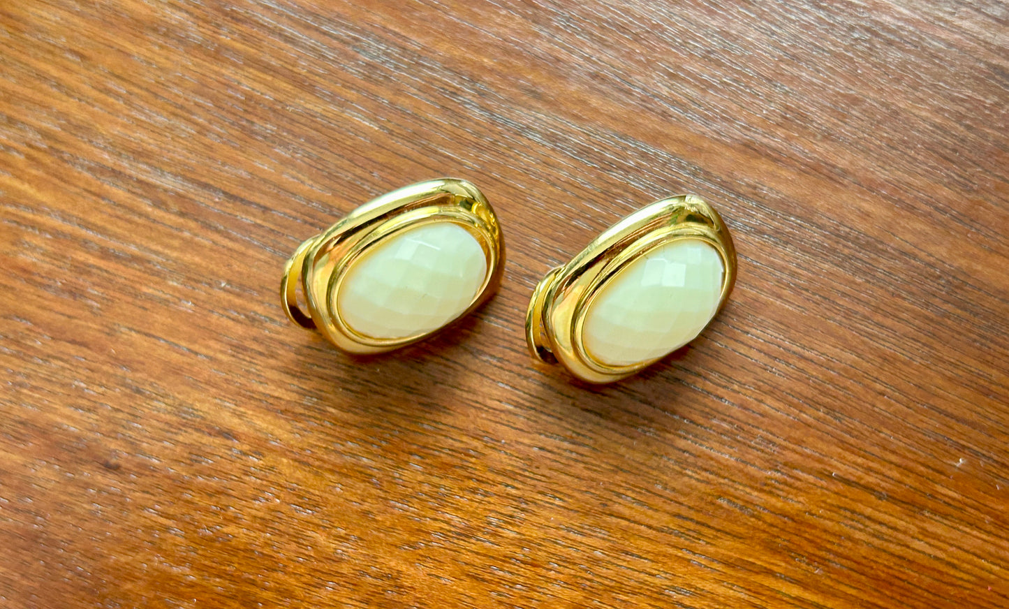 Vintage Joan Rivers Gold Tone Faceted White Cabochon Clip on Earrings