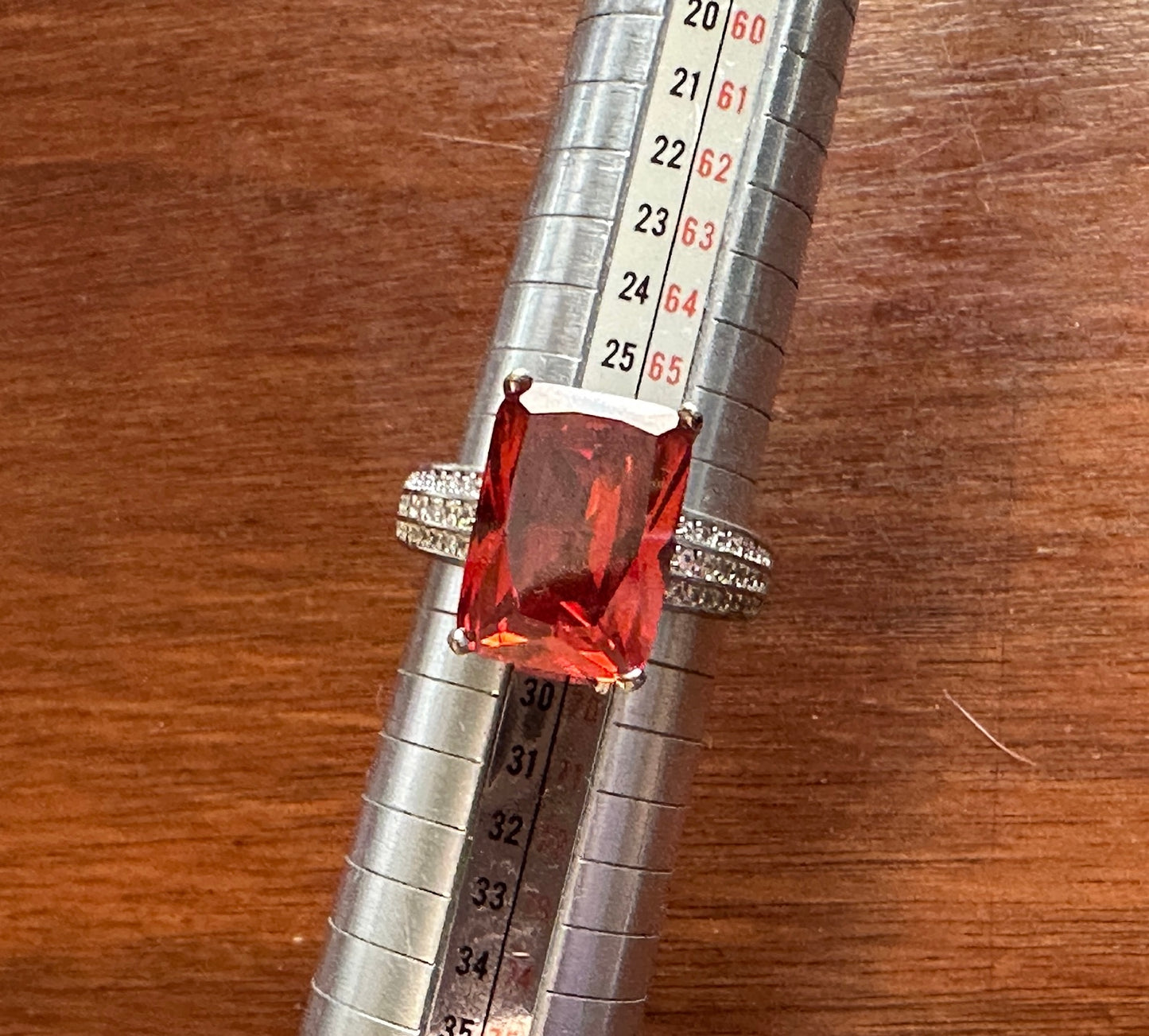 Sterling Silver 925 Large Rhinestone Emerald Cut Red Stone Cocktail Ring Sz 12