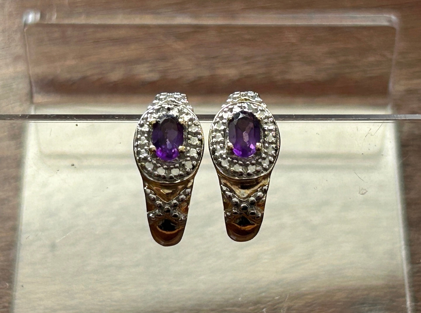 Gold Vermeil over Sterling Silver 925 Hoop Earrings Amethyst Diamond Accent