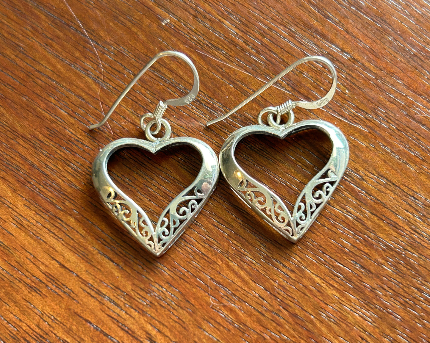 Sterling Silver 925 Heart Cut Out Filigree French Wire Dangly Drop Earrings