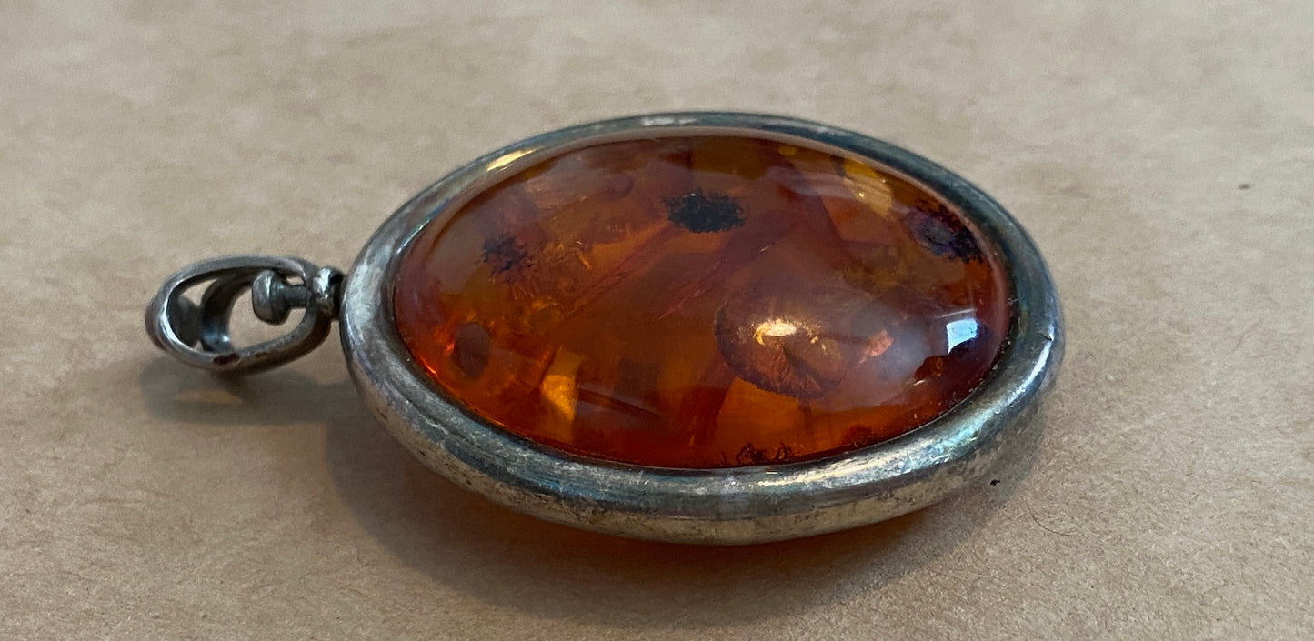 Sterling Silver 925 Amber Cabochon Necklace Pendant