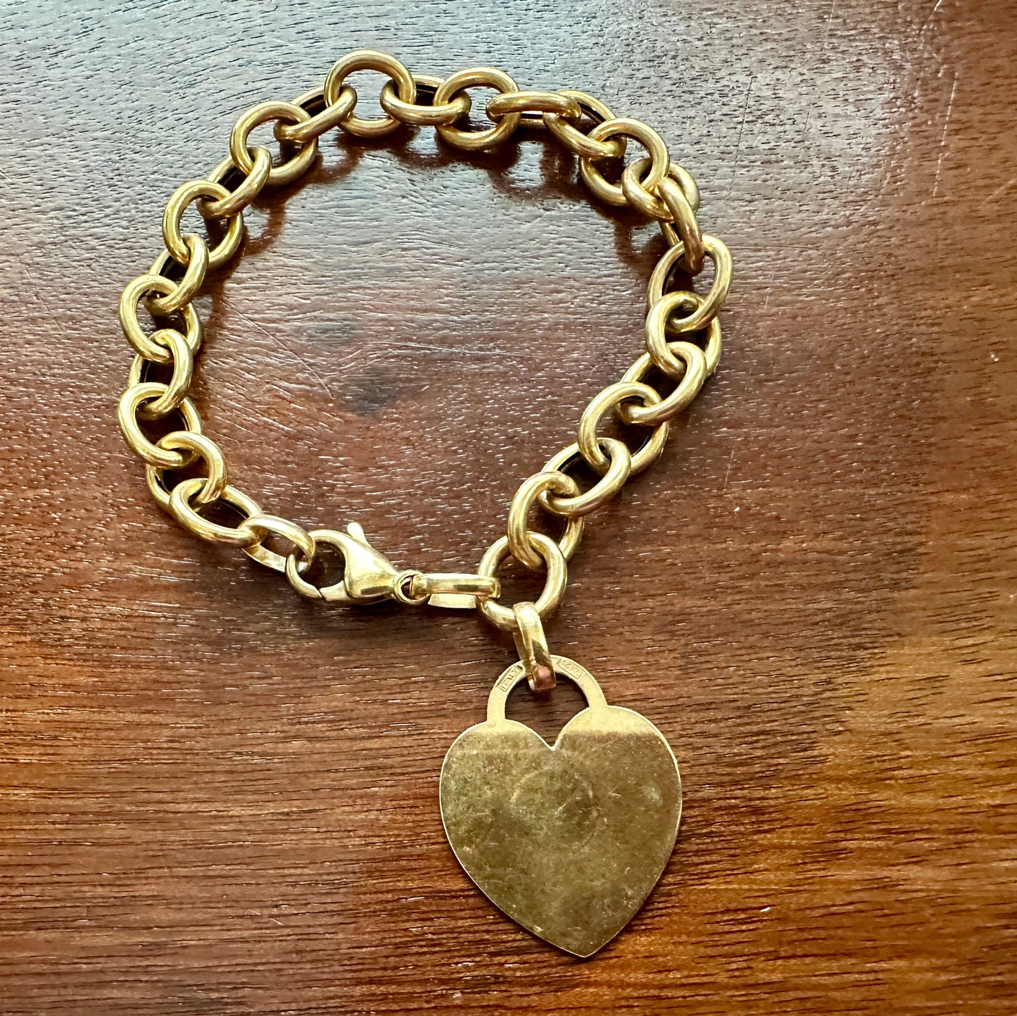 Vintage 14k Yellow Gold Chunky Chain Link Monogrammed Heart Charm Bracelet