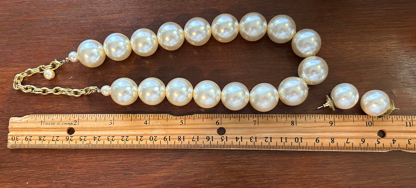 Large Faux Pearl Ivory Adjustable Necklace Earrings Set Choker Collar Studs