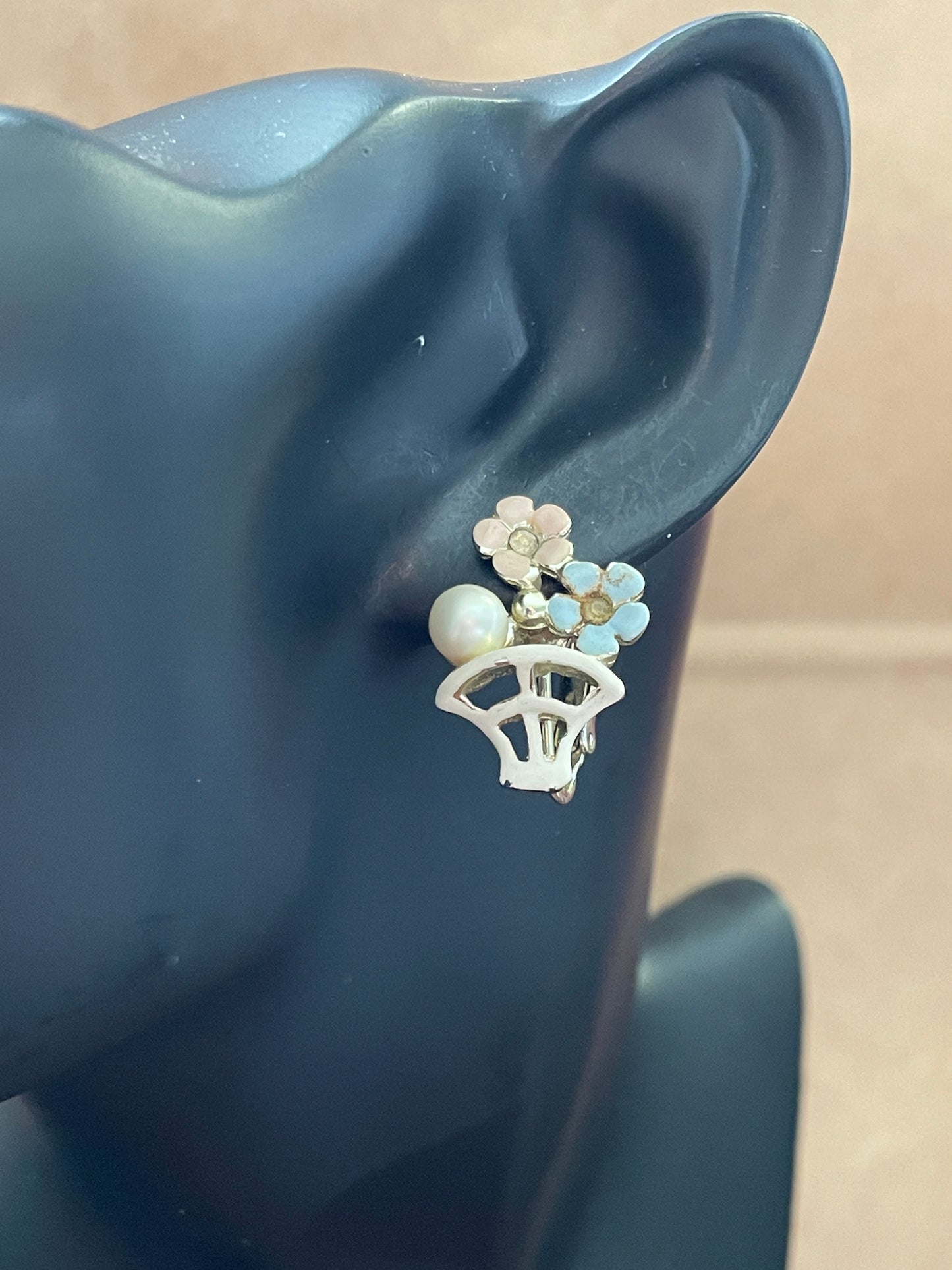 Vintage Silver Tone Enamel Flowers in Basket Clip On Earrings