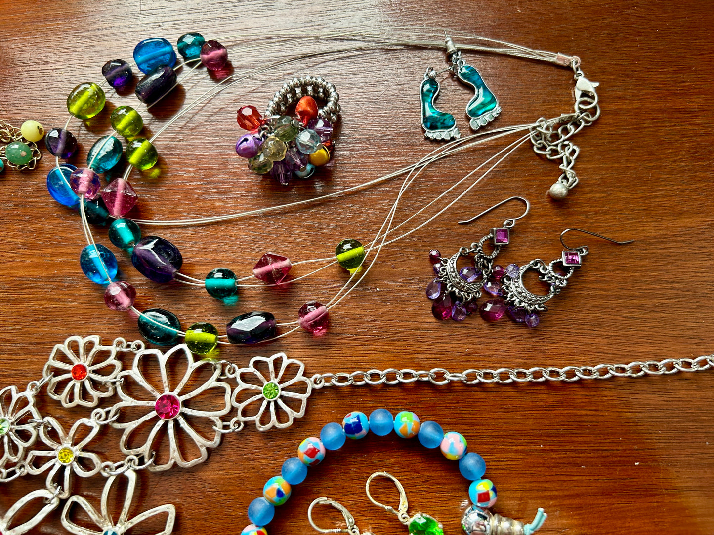 Vintage to Now Colorful Jewelry Lot Silver Blue Green Purple Beads Flowers Retro