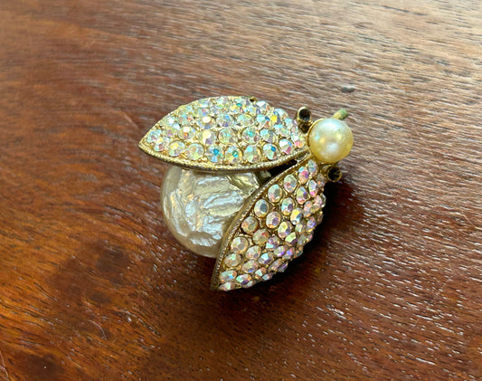 Vintage Signed Weiss AB Aurora Borealis Rhinestone Baroque Pearl Ladybug Brooch