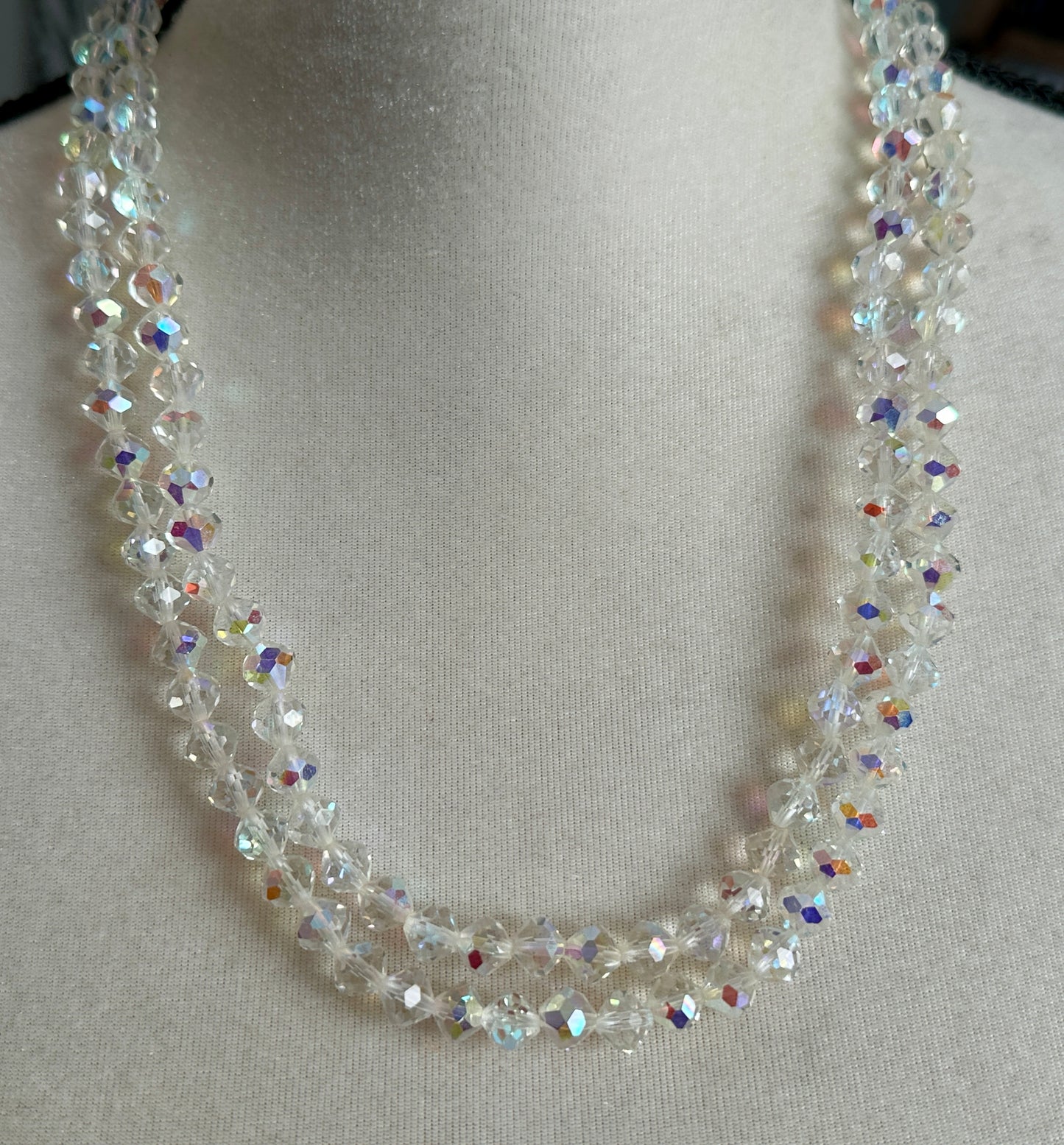 Vintage Faceted Glass AB Aurora Borealis Necklace Clip on Earrings Jewelry Set