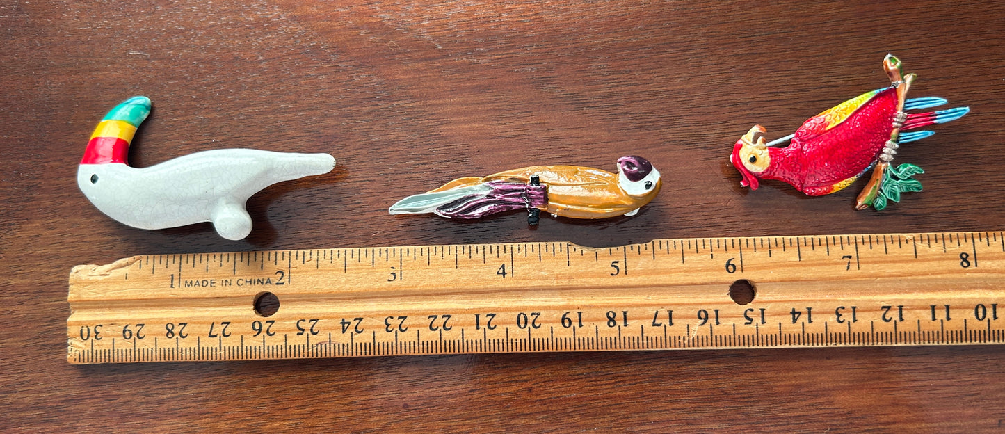 Lot Set of 3 Vintage Tropical Bird Brooches Enamel Plastic Brightly Colored