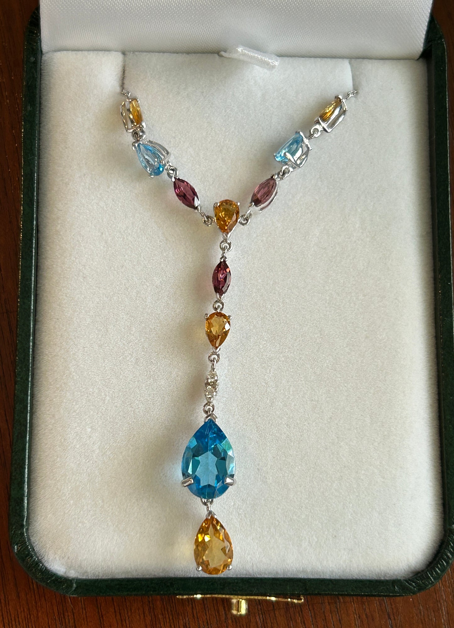 14k White Gold Diamond Blue Pink Topaz Citrine Y Drop Necklace