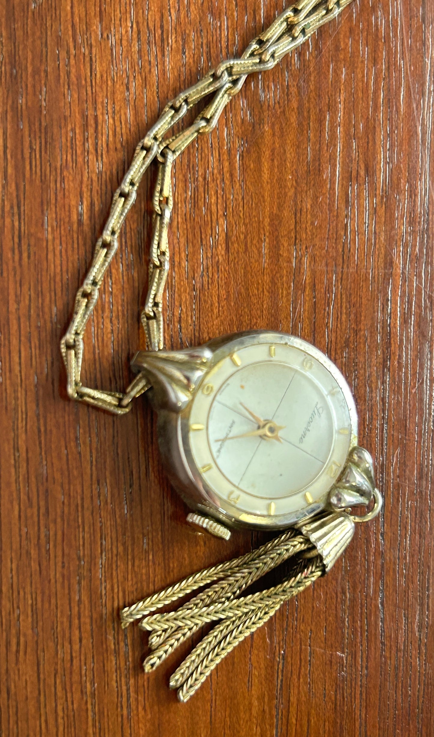 Antique Vintage Lucerne Manual Wind Gold Tone Watch Necklace Pendant on Chain