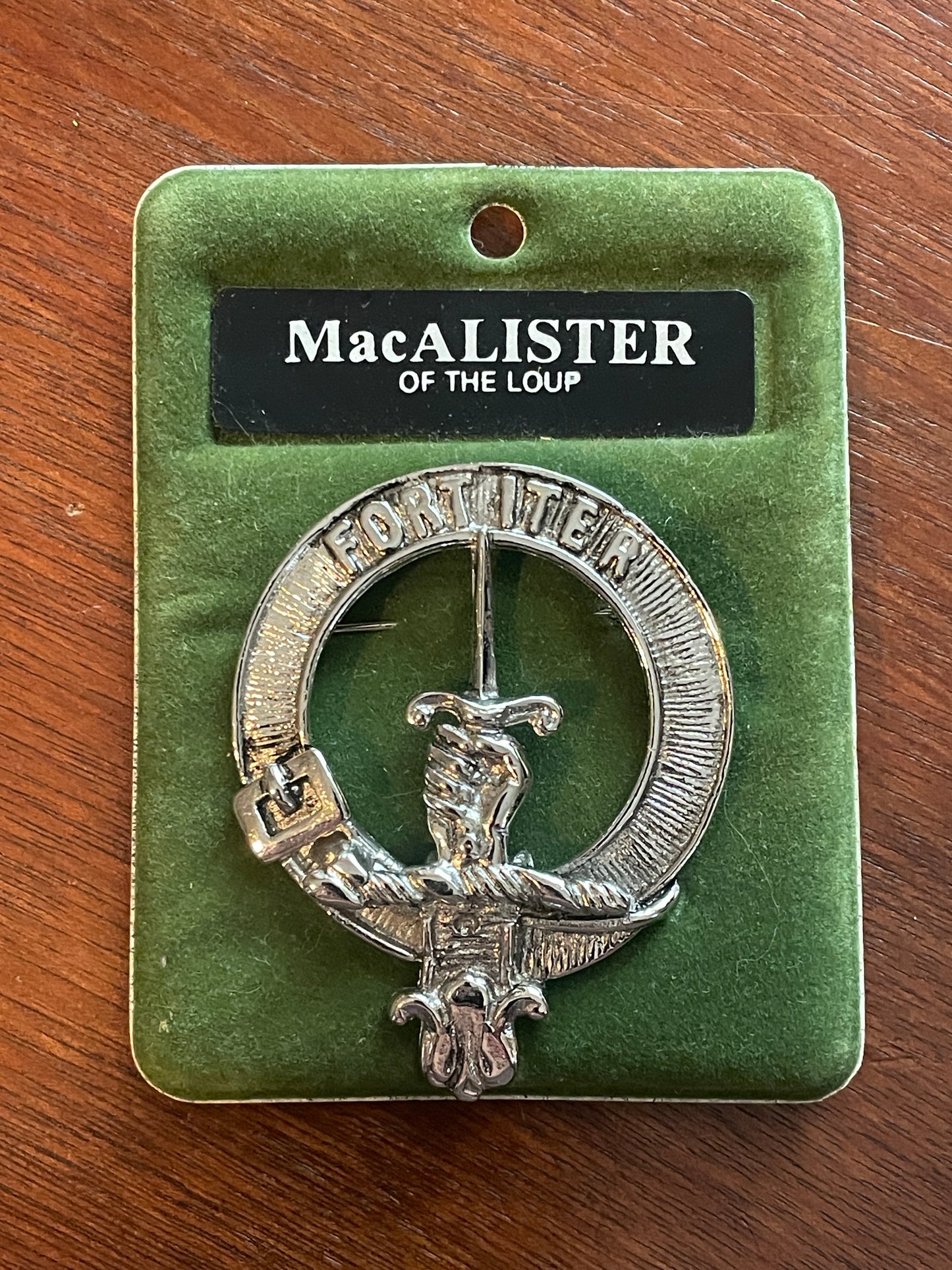 Vintage Pewter Scottish Clan Crest Badge Pin MacAlister of the Loup Brooch