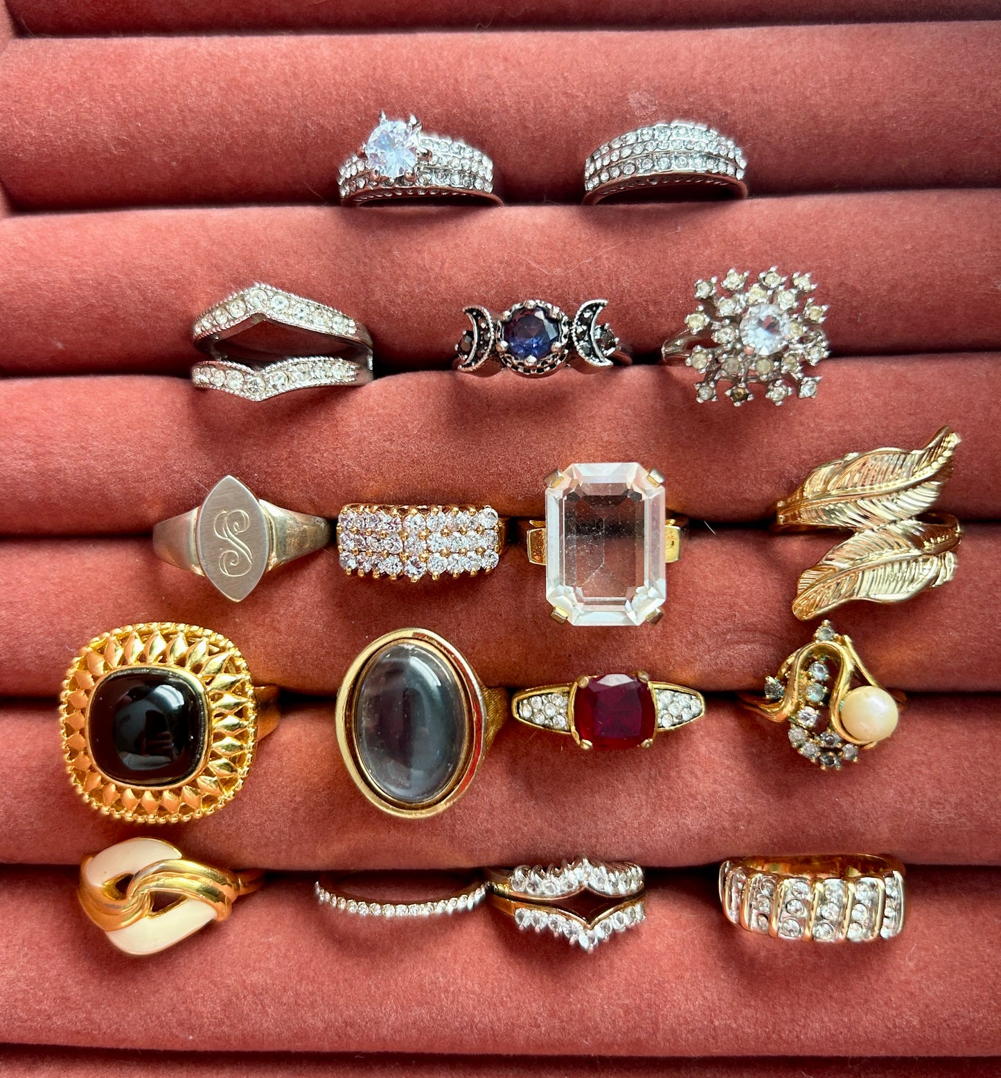 Lot of 17 Vintage to Now Costume Cocktail Rings Various Sizes Rhinestones