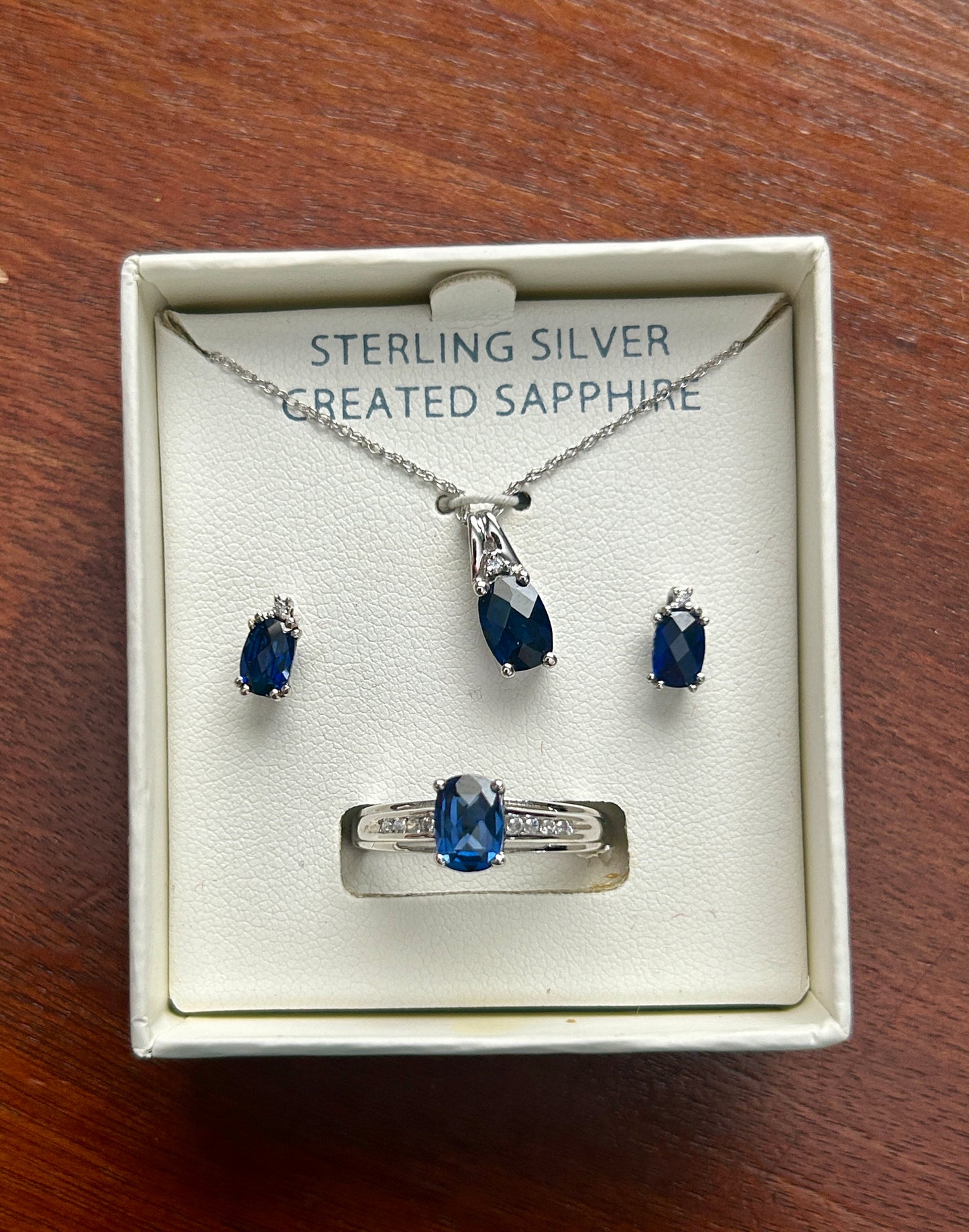 Sterling Silver 925 Lab Sapphire CZ Jewelry Set Necklace Earrings Ring Sz 6.75