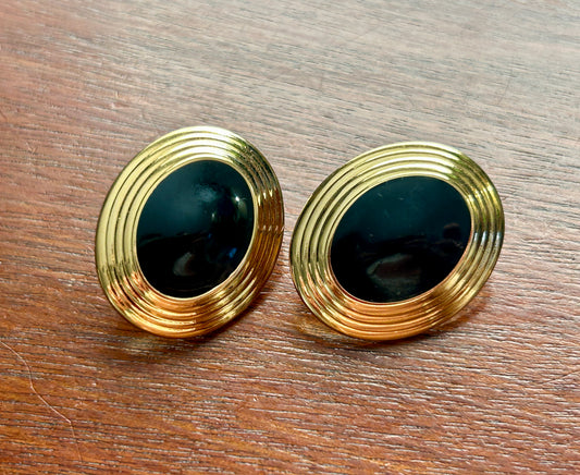 Vintage 80s Gold Tone Oval Black Pierced Earrings