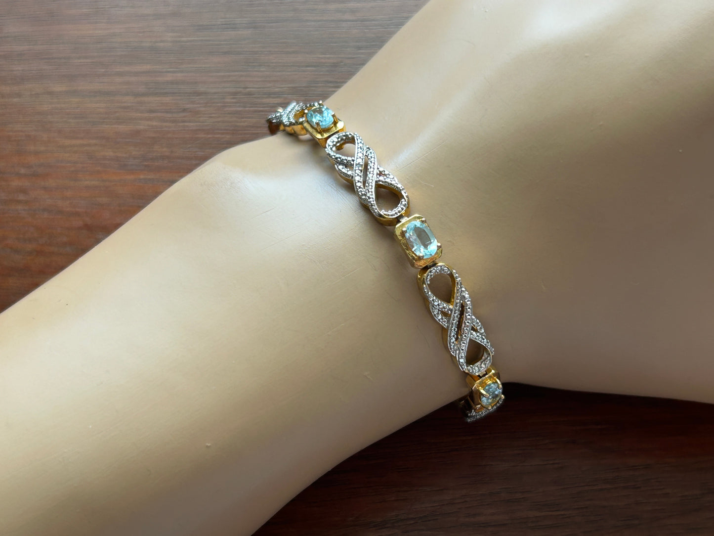 PAJ BB 18k Gold Plate Two Tone Aquamarine Tennis Braclet Infinity Knot