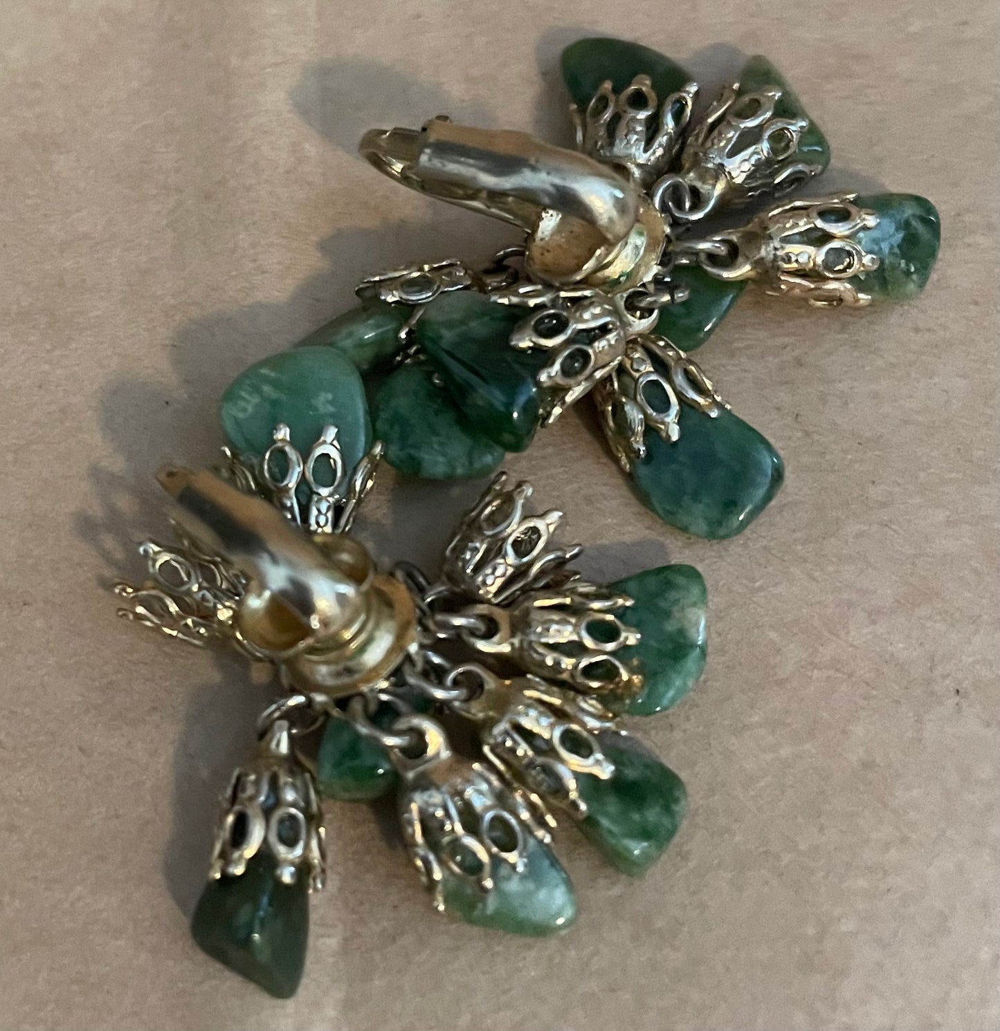 Vintage Gold Tone Cluster Green Stone Clip on Earrings