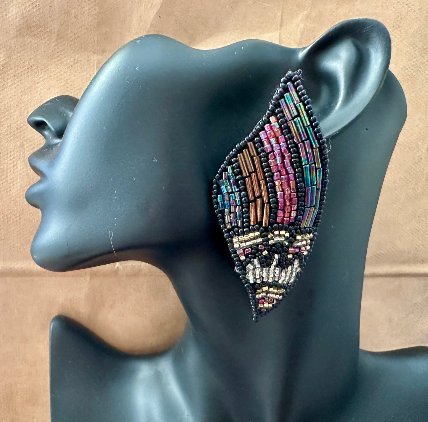 Vintage Large Black Beaded Metallic Rainbow Deco Style Pierced Earrings