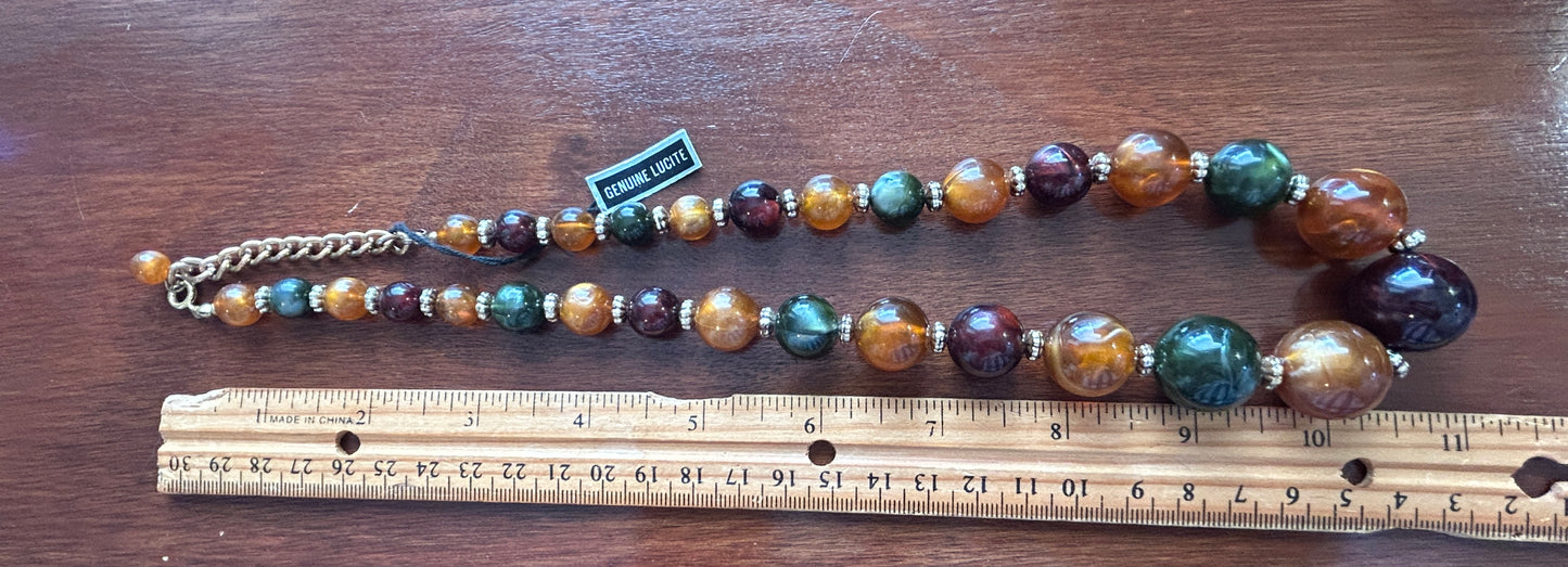 Vintage Genuine Lucite Marbled Bead Gold Tone Spacers Rhinestones Necklace