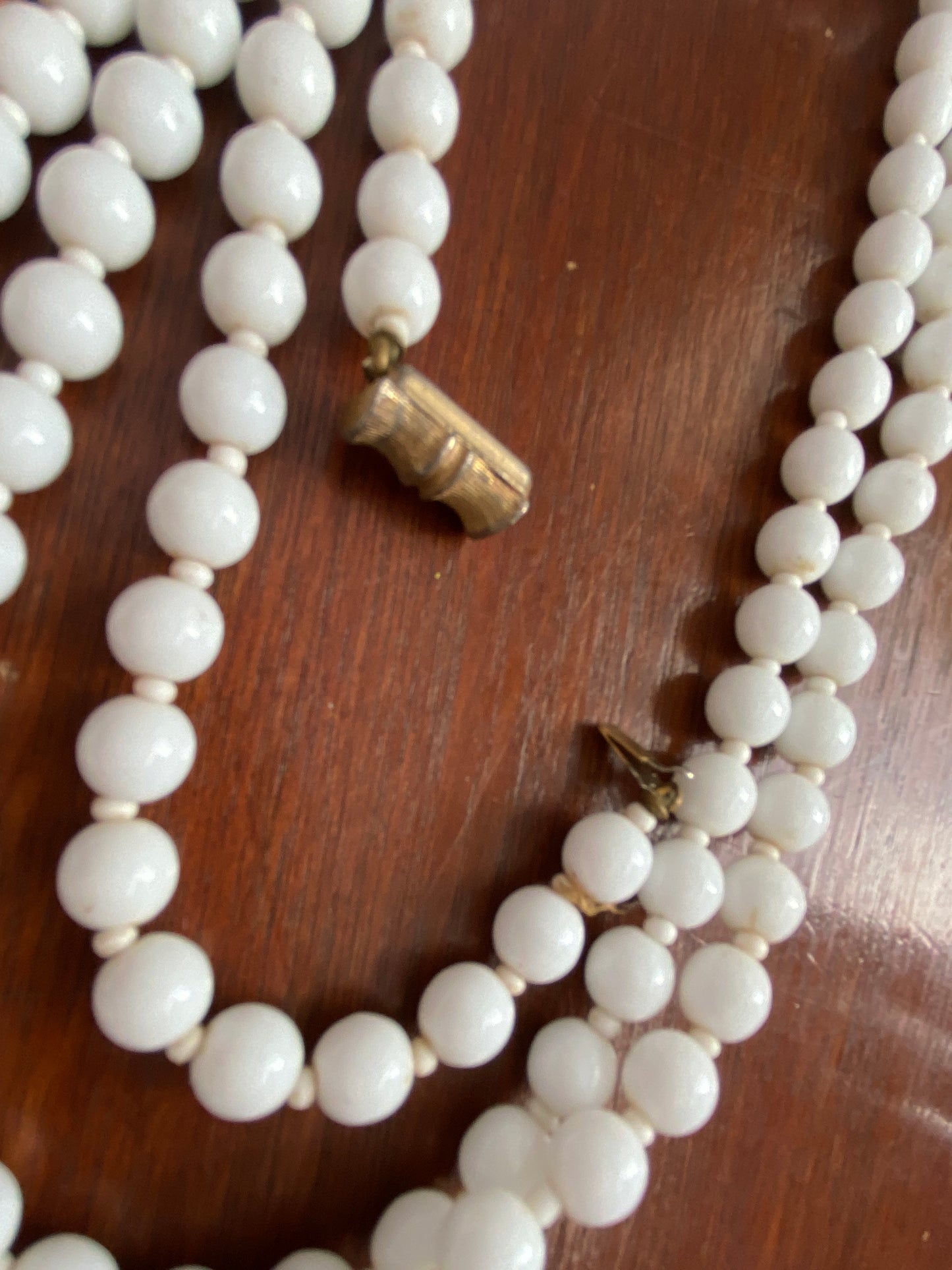 Vintage Milk Glass Opera Length Bead Necklace Bamboo Style Clasp