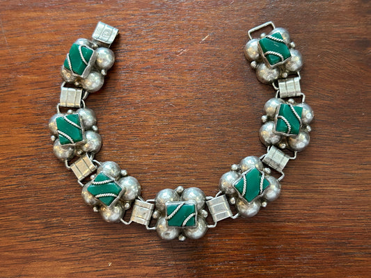 Vintage Mexico Silver Linked Chrysoprase Bracelet with Silver Rope Overlay