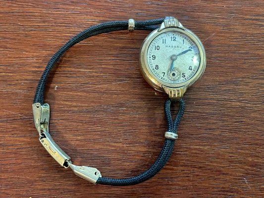 Vintage Nassau Art Deco Women's Wristwatch Black Corded Band Gold Tone