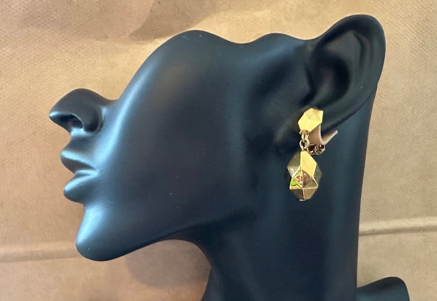 Vintage Signed Avon Gold Tone Geometric Drop Dangly Clip on Earrings