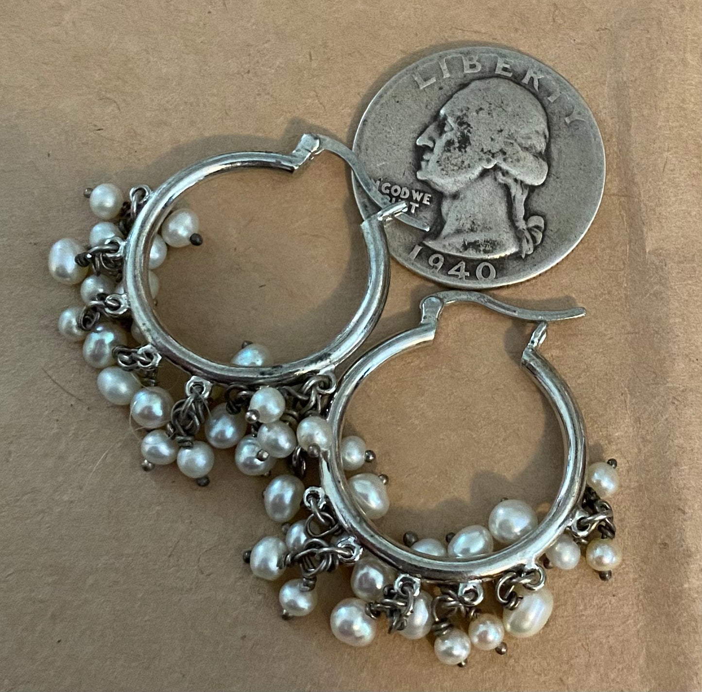 Sterling Silver 925 Pearl Hoop Earrings