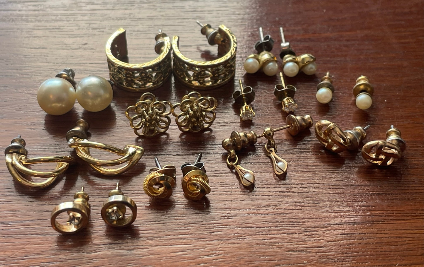 Vintage to Now Gold Tone Pierced Stud Earring Lot Pearl Knot Modern 80's Hoop
