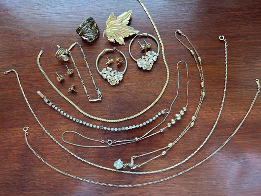 Jewelry Lot Vintage to Now Gold Tone Chains Earrings Brooch Rhinestone Ring