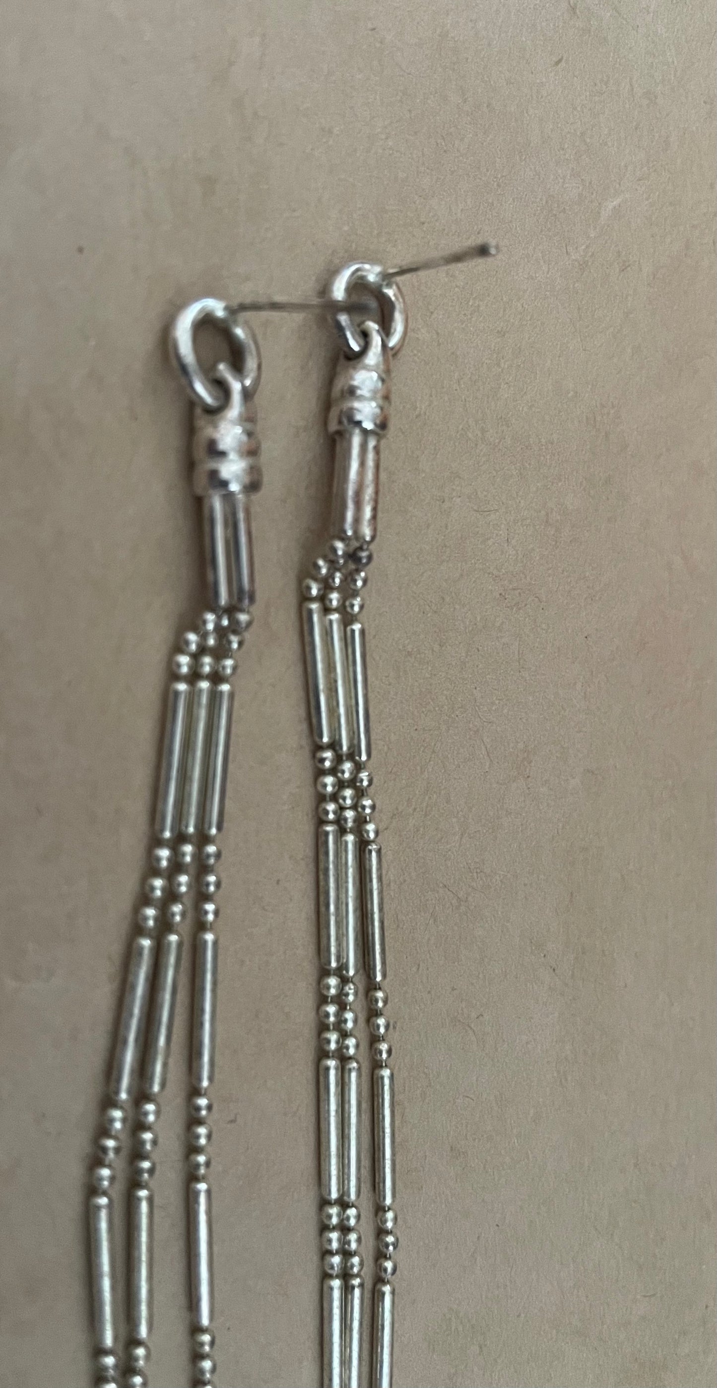 Silver Tone Long Tassel Strand Pierced Earrings