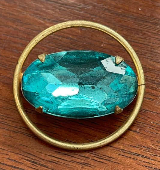 Vintage Gold Tone Brooch Circle With Large Light Blue Glass Stone