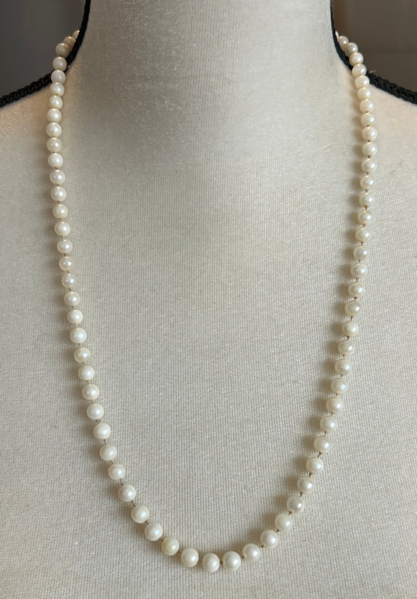 Vintage 6mm Real Pearl Single Strand Necklace 14k White Gold Clasp 25.5" Long