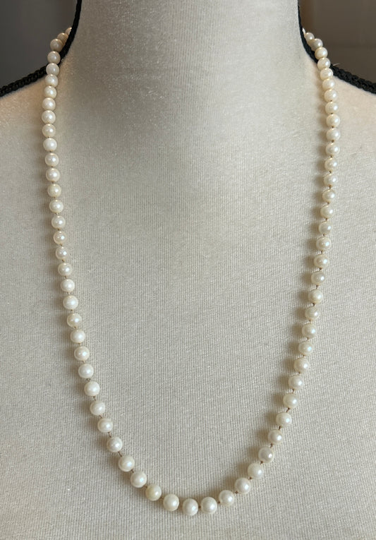 Vintage 6mm Real Pearl Single Strand Necklace 14k White Gold Clasp 25.5" Long