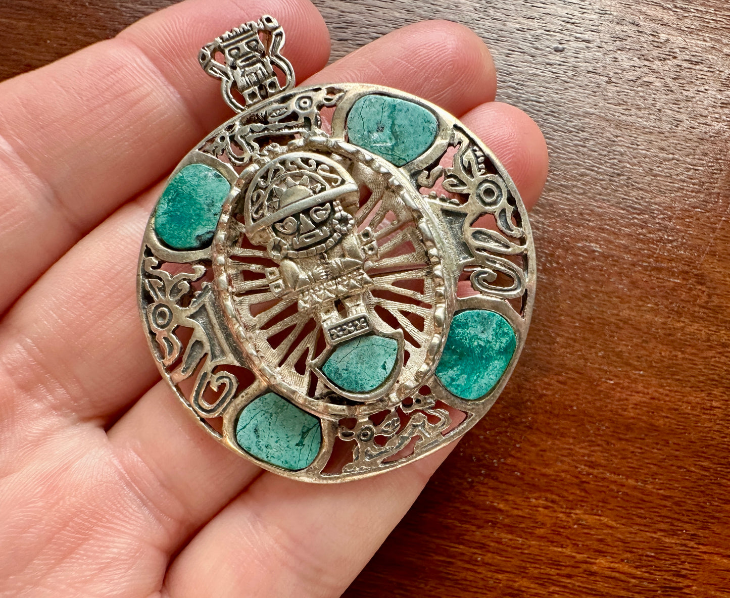 Vintage Sterling Silver 925 Turquoise Mayan Aztec Brooch Pin Necklace Pendant