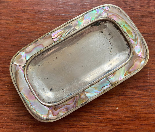 Vintage Silver Tone Metal Abalone Inlay Trinket Jewelry Tray