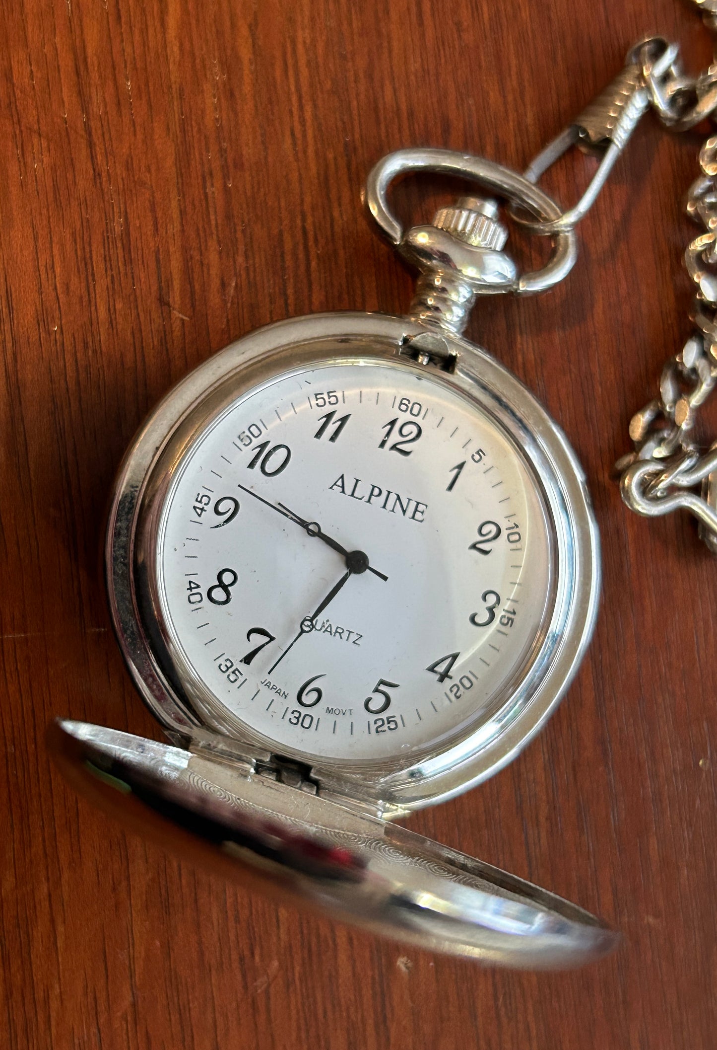 Silver Tone Alpine Quartz Pocket Watch with Chain Monogram DML