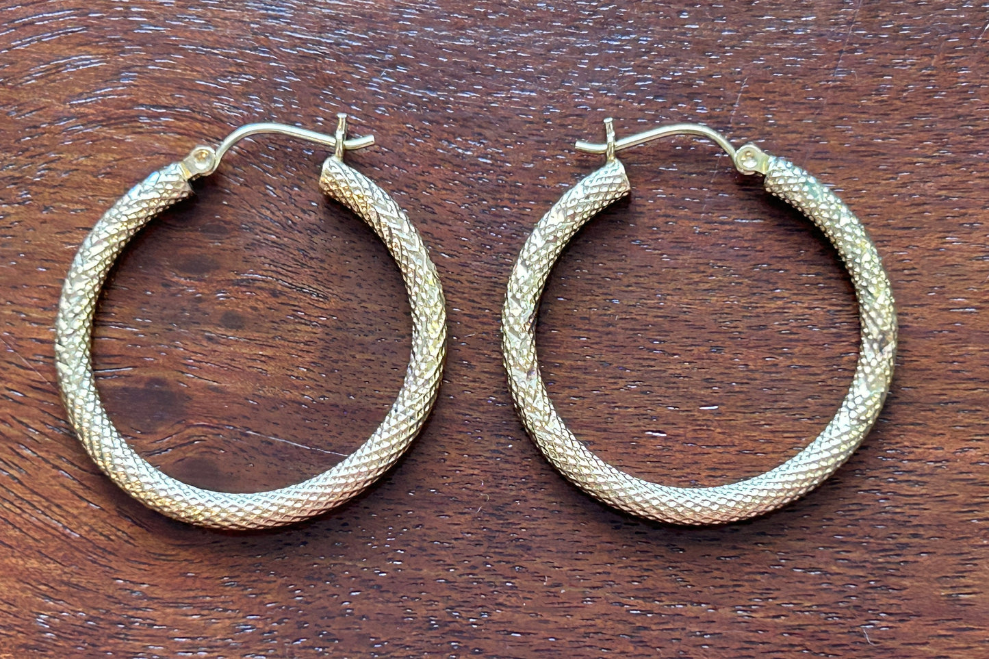 14k Yellow Gold Textured Diamond Cut Large Hoop Earrings