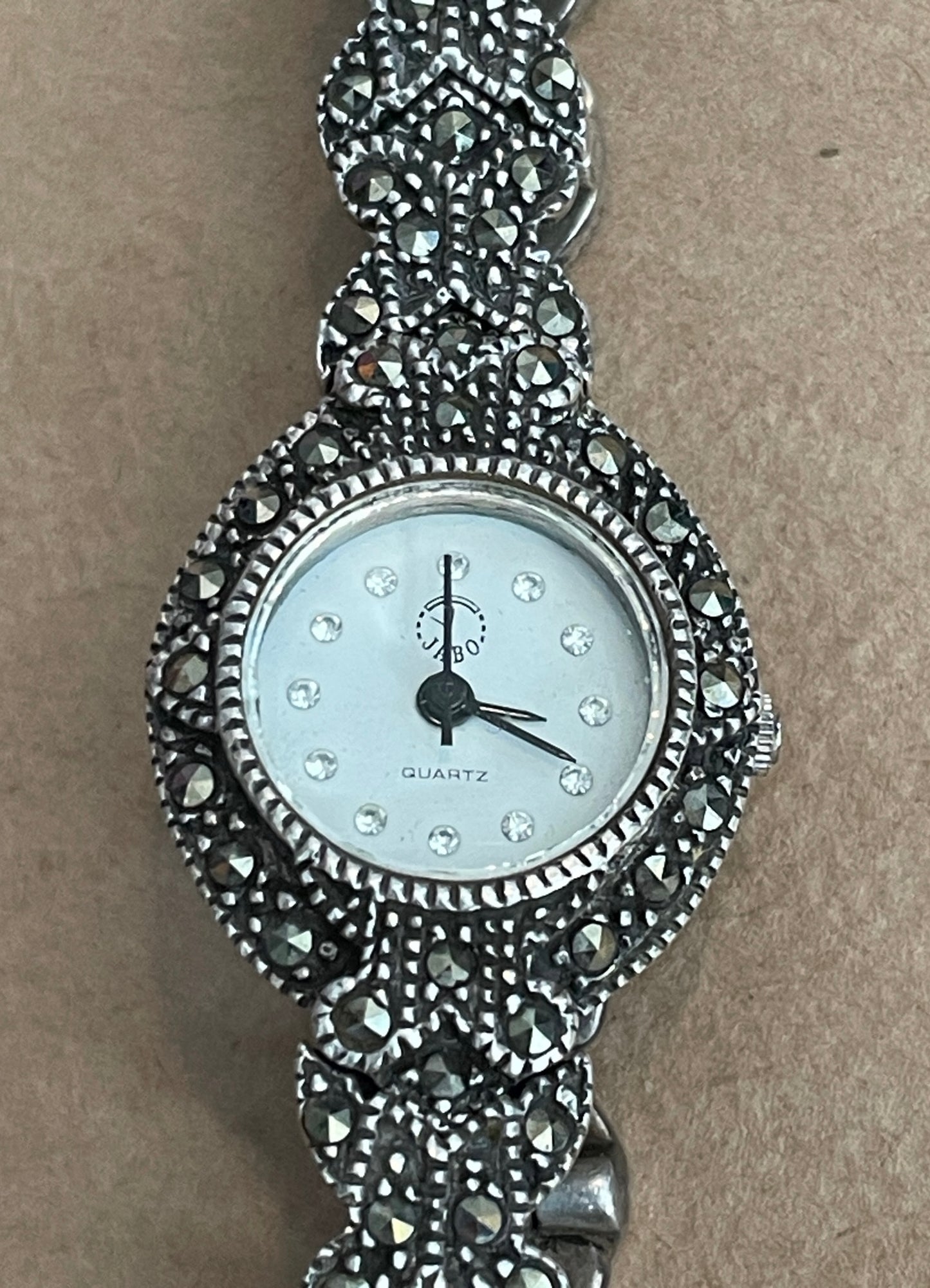 JABO Sterling Silver 925 Marcasite Wristwatch Quartz Ladies Watch