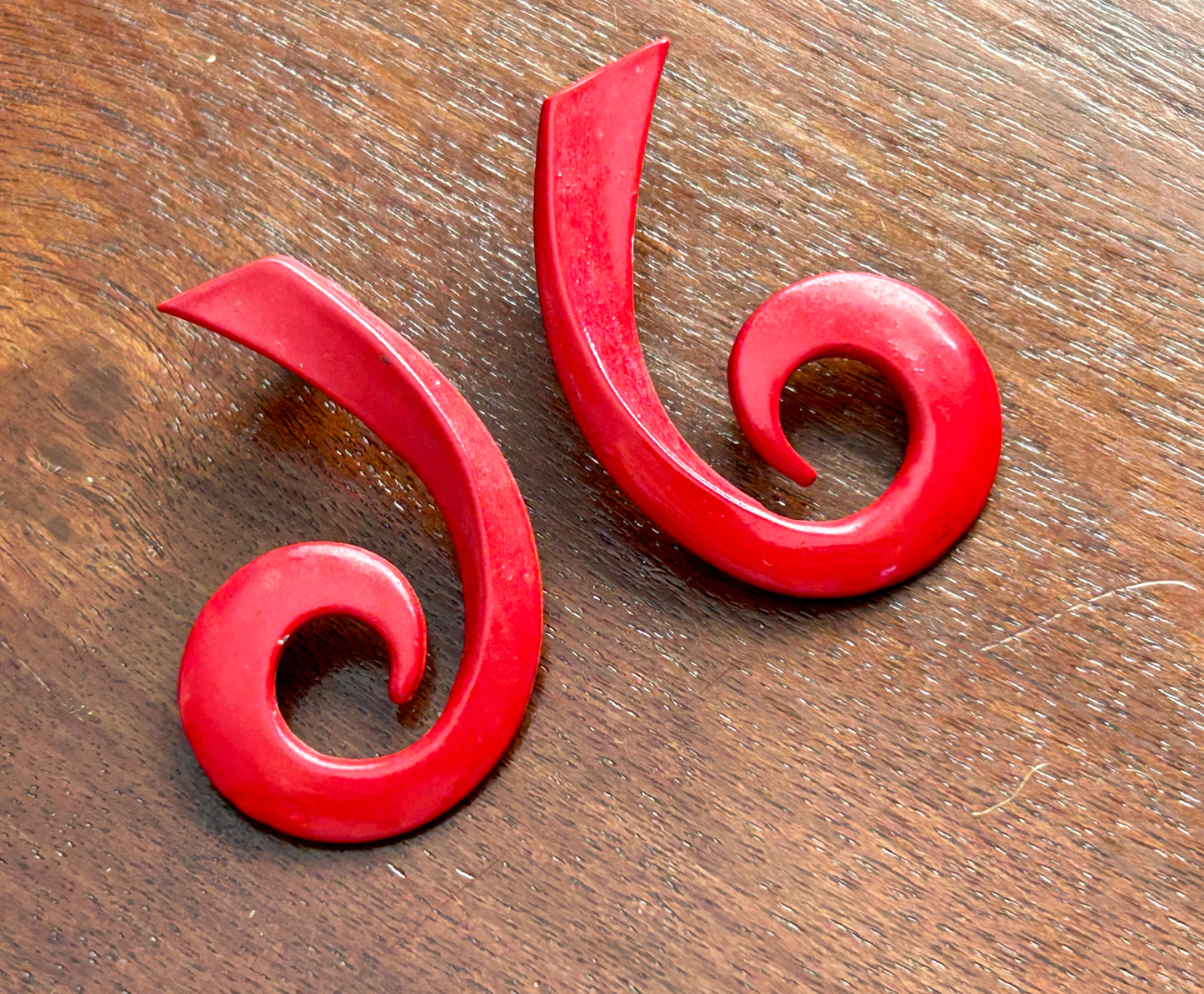 Vintage Red Metal Large Swirl 80s Runway Statement Pierced Earrings