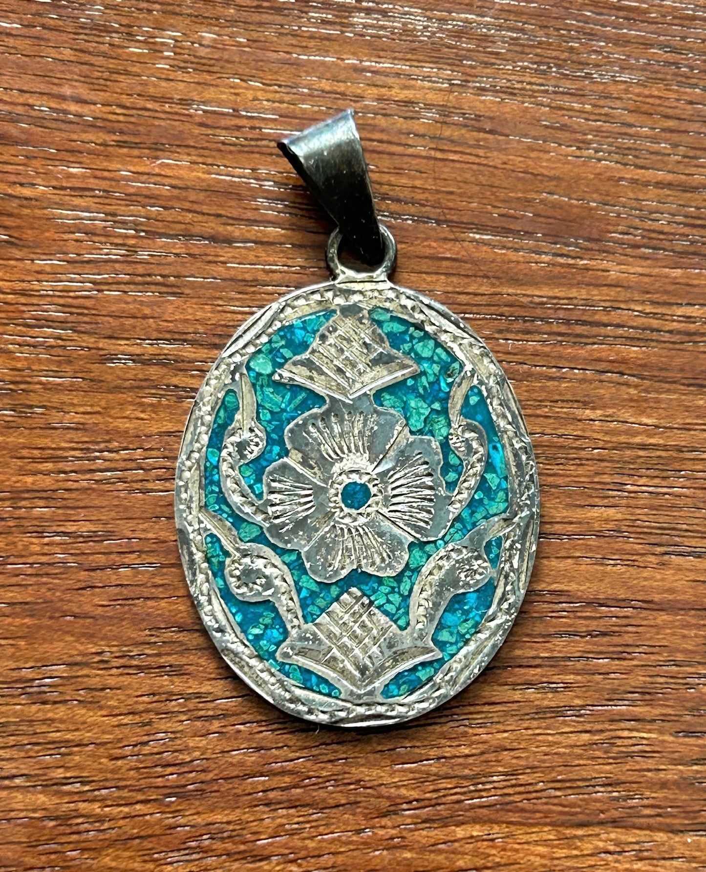 Vintage Sterling Silver 925 Abalone Oval Pendant Floral Design