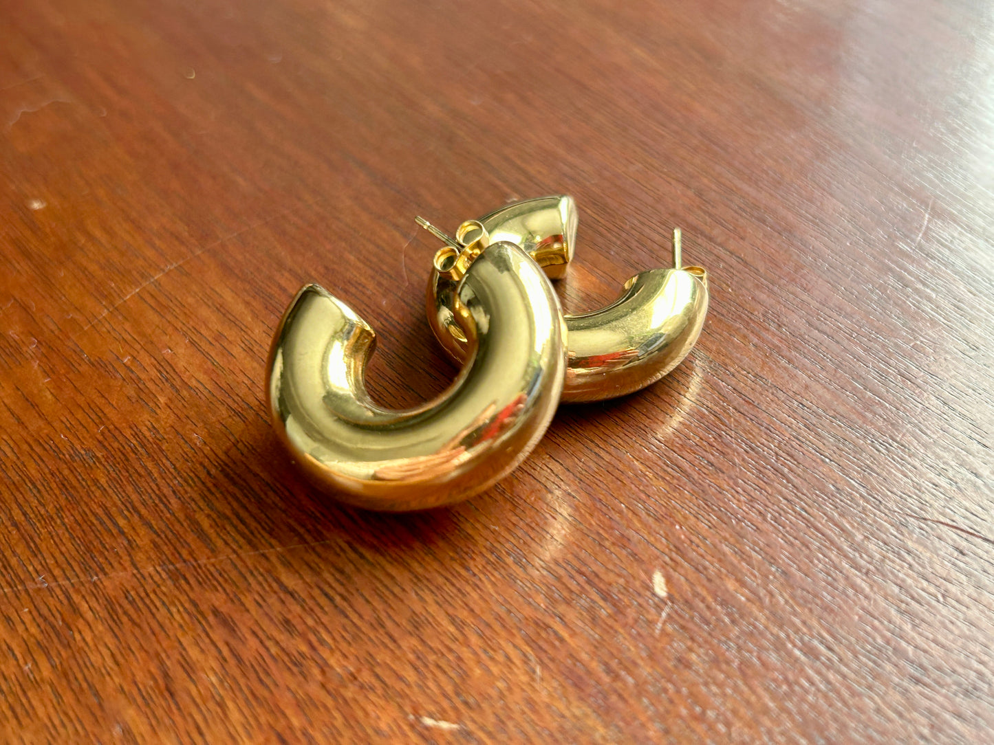 Vintage Gold Tone Chunky Puffy Pierced Hoop Earrings