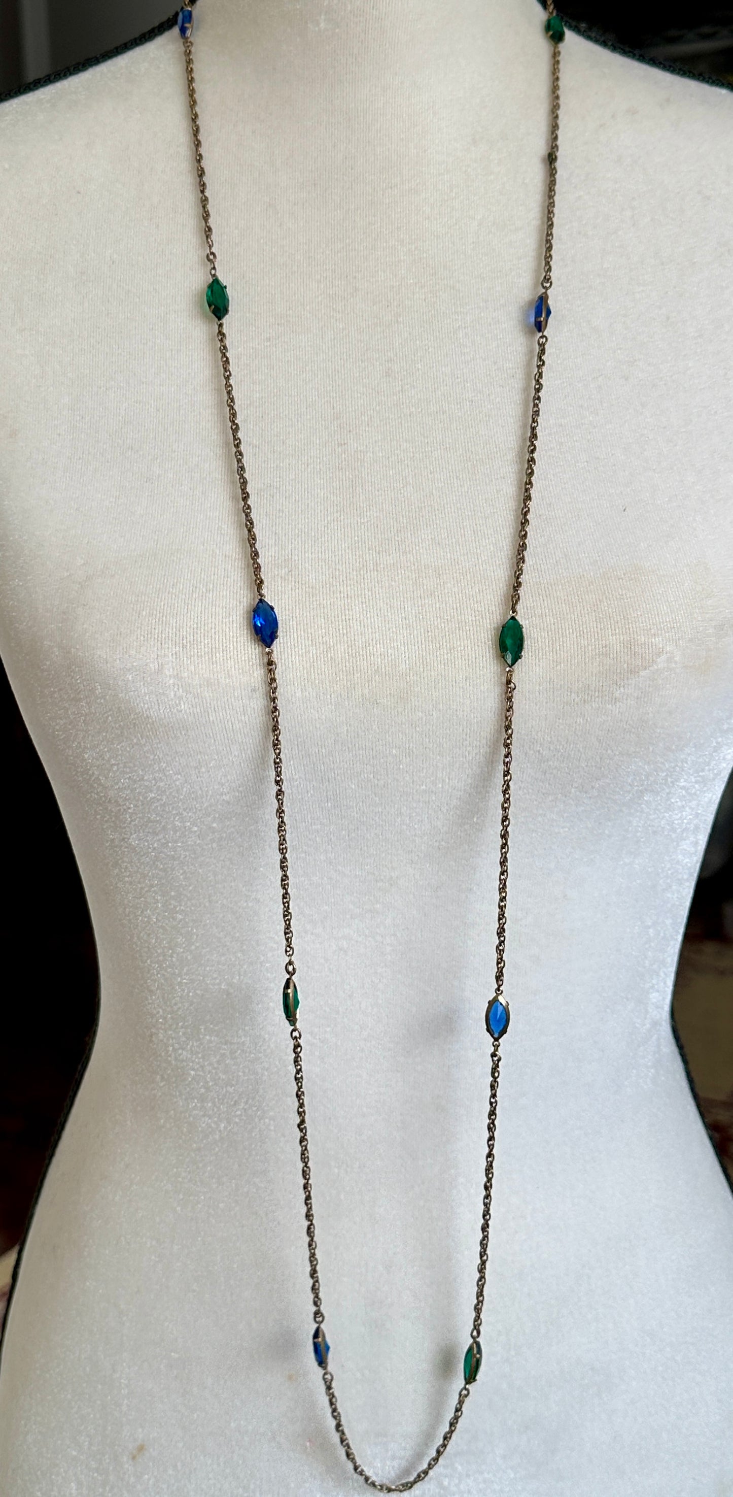 Vintage Gold Tone Chain Diamond Shaped Open Bezel Green Blue Glass Necklace