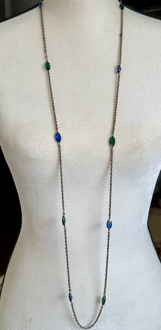 Vintage Gold Tone Chain Diamond Shaped Open Bezel Green Blue Glass Necklace
