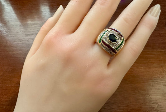 Vintage 14k Yellow Gold Sapphire Ruby Emerald Diamond Signet Ring Sz 5.25